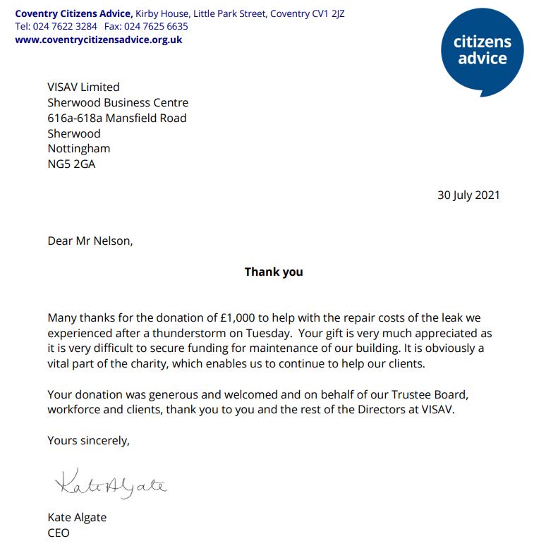 Thank you letter from Kate Algate at Coventry Citizens Advice Bureau